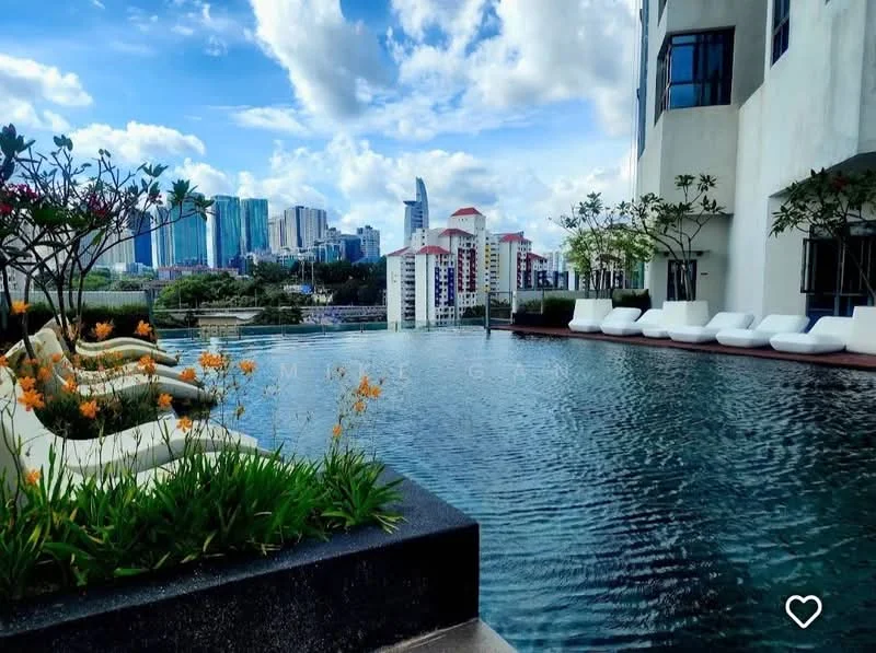 Exterior type: swimming pool deck; features: infinity pool, pool deck with loungers, landscaped garden with flowers, city skyline view, surrounded by greenery, modern architecture, water feature; style: modern.