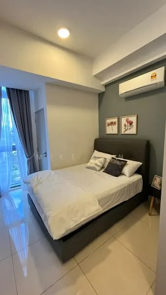 Bedroom features: queen-size bed, upholstered headboard, white bedding, two decorative pillows, grey accent wall, floor-to-ceiling window, sheer curtains, wall-mounted air conditioning unit, nightstand, framed artwork, tile flooring, recessed ceiling lights; style: modern; view: garden.