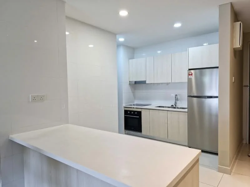 Kitchen features: white glossy tile walls, light wood cabinetry, stainless-steel fridge, built-in oven, electric cooktop, single-bowl stainless-steel sink, chrome pull-down faucet, white quartz countertop, recessed LED downlights, open layout, tile flooring; style: modern.