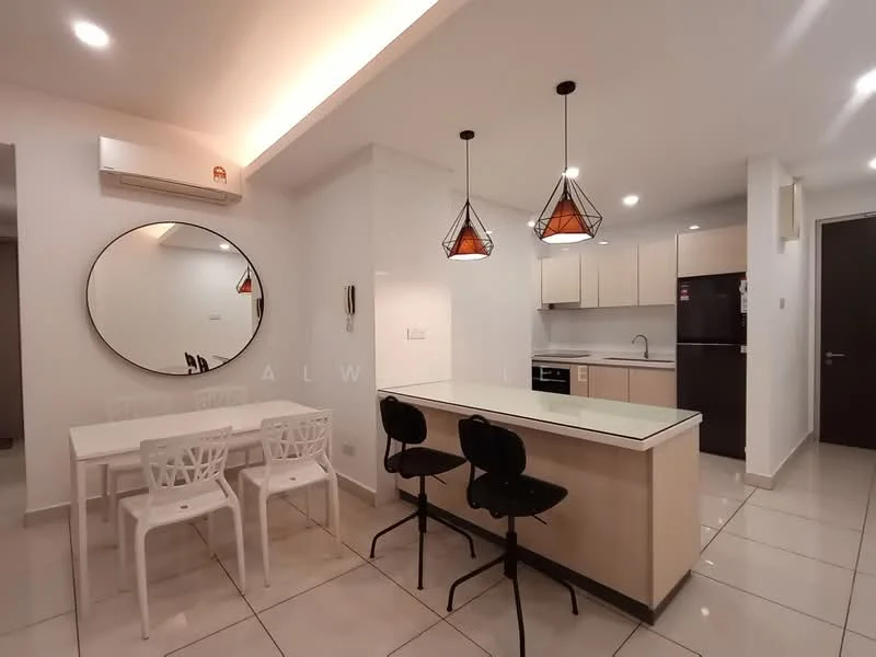 Kitchen features: white painted walls, glossy tile flooring, recessed downlights, pendant lamps, kitchen island with seating, stainless-steel fridge, built-in oven, single-bowl stainless-steel sink, chrome pull-down faucet, flat-panel cabinetry in light wood, black dining chairs, white dining table, round mirror, wall-mounted air conditioning unit; style: modern.