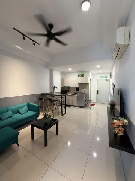 Living features: 3-seater fabric sofa in teal, coffee table, wall-mounted TV, ceiling fan, recessed downlights, white painted walls, glossy tile flooring, decorative wall shelf, decorative flowers in vase; style: modern. Kitchen features: kitchen island with bar stools, stainless-steel fridge, built-in oven, freestanding range oven, microwave, white cabinetry, black countertop, tile backsplash, open shelving; style: modern.