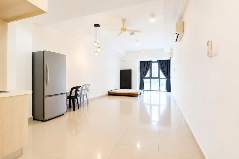 Living features: white painted walls, polished ceramic tile flooring, 5-blade ceiling fan with light, floor-to-ceiling windows, blackout curtains, refrigerator, dining table with chairs, wooden platform bed frame; style: modern.