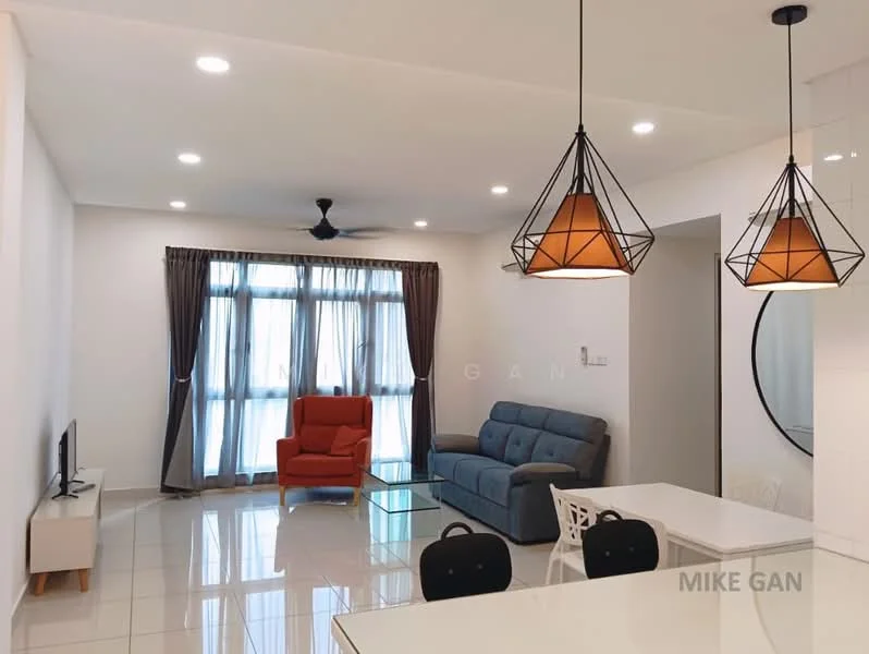 Living features: grey fabric sofa, orange accent chair, glass coffee table, wall-mounted TV, white dining table, black dining chairs, recessed LED downlights, pendant lighting with geometric design, floor-to-ceiling windows with sheer curtains, white walls, glossy tile flooring, ceiling fan; style: modern.