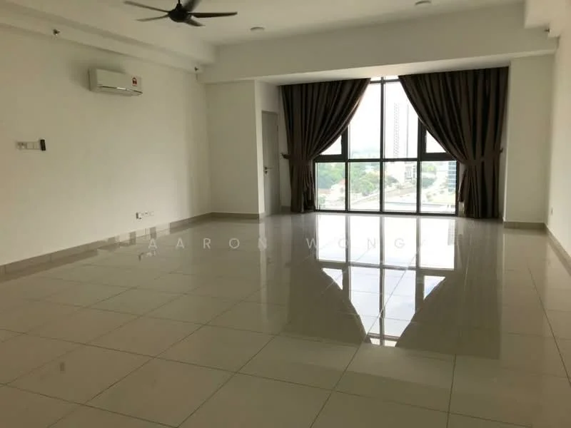 Living features: white painted walls, polished ceramic tile flooring, 5-blade ceiling fan, floor-to-ceiling windows, sheer curtains, dark brown curtains, air conditioning unit, recessed downlights; style: modern; view: city.