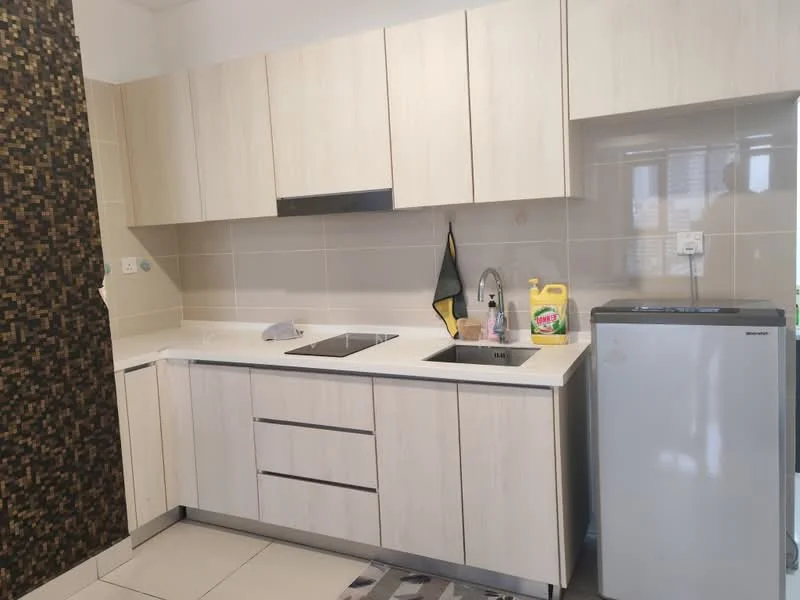 Kitchen features: light wood cabinetry, white countertop, single-bowl stainless-steel sink, chrome pull-down faucet, built-in electric cooktop, stainless-steel range hood, fridge, tile backsplash, ceramic tile flooring, wall-mounted storage, cleaning supplies on countertop; style: modern.