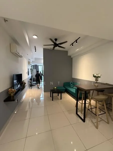 Living features: white painted walls, grey accent wall, polished ceramic tile flooring, 5-blade ceiling fan with light, wall-mounted TV, TV console, sofa in teal, coffee table, decorative vase with flowers, open shelving, recessed downlights, sliding glass door leading to balcony; style: modern.