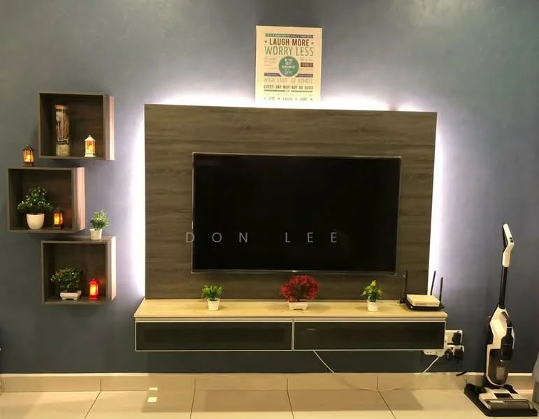 Living features: wall-mounted flat-screen TV, wooden TV console, decorative wall shelves, green potted plants, LED strip lighting behind TV, framed wall art, ceramic decorative items, white tiled flooring; style: modern.