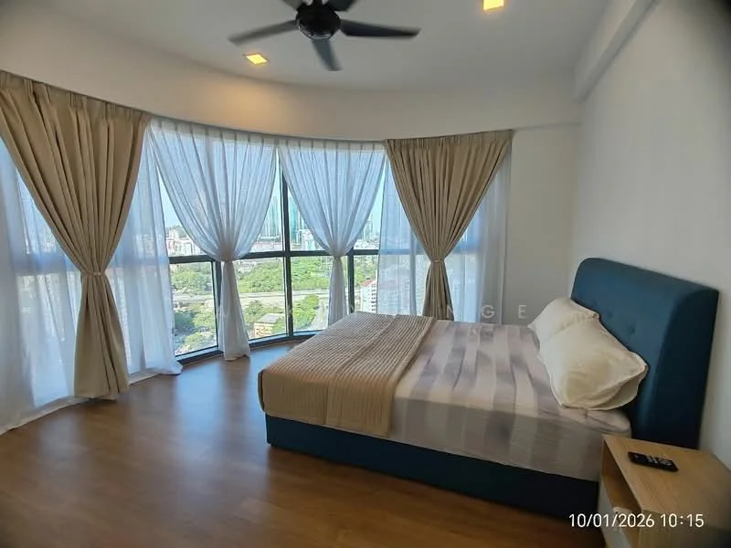 Bedroom features: king-size bed, upholstered headboard, bedside lamps, floor-to-ceiling windows, sheer curtains, wooden flooring, ceiling fan, decorative wall, city view; style: modern; view: city.