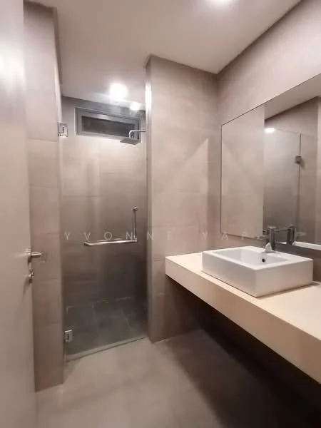 Bathroom features: walk-in shower with glass enclosure, chrome handheld shower, single-bowl ceramic sink, wall-mounted faucet, large mirror above sink, light-colored stone countertop, grey tiled walls, grey tiled flooring, recessed downlights, sliding glass door, toilet, built-in shelving; style: modern.
