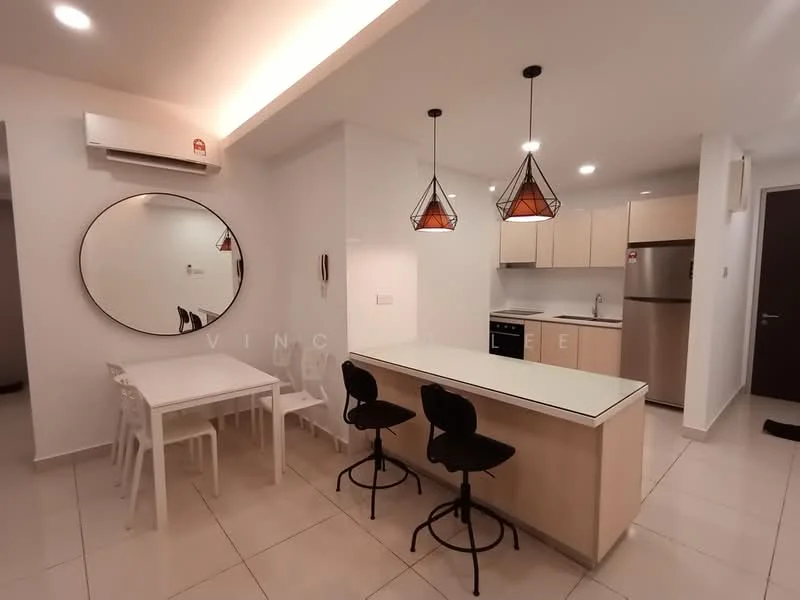 Kitchen features: white painted walls, tile flooring, recessed downlights, pendant lamps, kitchen island with countertop, stainless-steel fridge, built-in oven, 4-burner gas hob, single-bowl stainless-steel sink, chrome pull-down faucet, white cabinetry, dining table with white chairs, 2 bar stools, mirror on wall; style: modern.