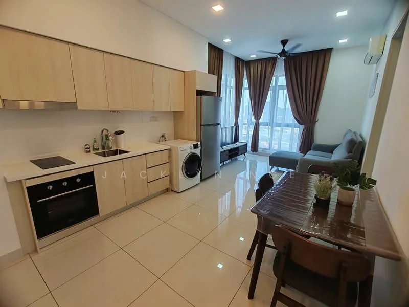 Kitchen features: light wood cabinetry, black countertop, built-in oven, electric cooktop, stainless-steel range hood, single-bowl stainless-steel sink, chrome pull-down faucet, built-in washing machine, white tiled backsplash, ceramic tile flooring, recessed downlights; style: modern. Living features: 3-seater fabric sofa in grey, coffee table, TV console, wall-mounted TV, area rug, floor-to-ceiling windows, curtains, ceiling fan; style: modern; view: city. Dining features: wood dining table, 4 dining chairs, decorative plant; style: modern.