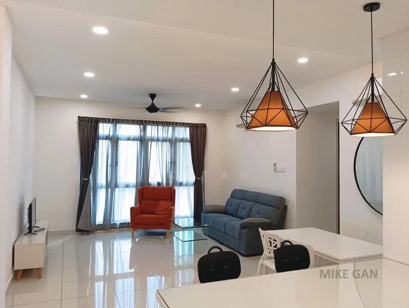 Living features: grey fabric sofa, orange accent chair, glass coffee table, white dining table, black dining chairs, wall-mounted TV, ceiling fan with light, recessed downlights, floor-to-ceiling windows with sheer curtains, white painted walls, glossy tile flooring; style: modern.