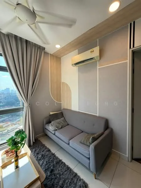 Living features: grey fabric 2-seater sofa, area rug with geometric pattern, floor-to-ceiling windows, city view, wall-mounted split AC, light wood paneling, cream painted walls, recessed downlights, curtains in light grey, coffee table, decorative plant in ceramic pot; style: modern; view: city.