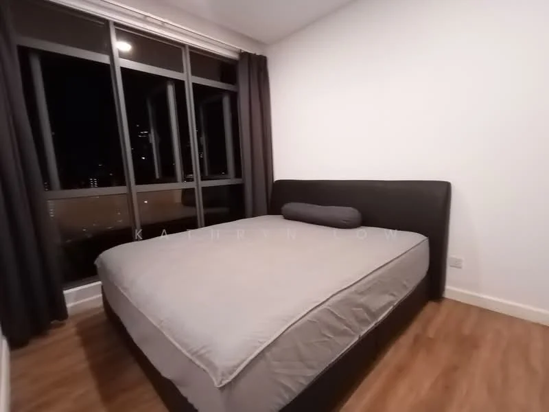 Bedroom features: queen-size bed, upholstered headboard, grey bedding, floor-to-ceiling windows, blackout curtains, wooden flooring, decorative pillow, white painted walls; style: modern; view: city.