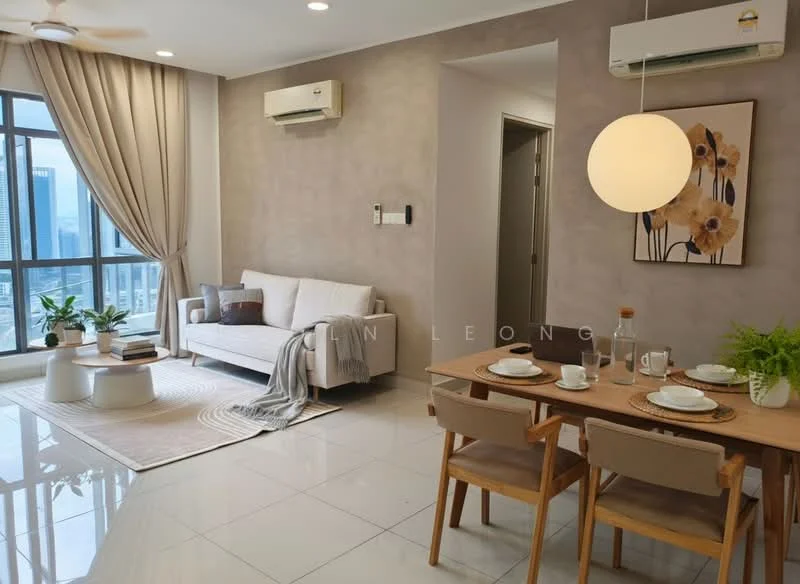 Living features: floor-to-ceiling windows, grey accent wall, white painted walls, marble tile flooring, 3-seater fabric sofa in light grey, area rug with circular pattern, coffee table, wall-mounted TV, 2 wall-mounted split ACs, ceiling fan, decorative wall art, curtains, indoor plants; style: modern; view: city. Dining features: 6-seater dining table, wooden dining chairs, table setting with plates and cutlery, pendant lamp, decorative plant; style: modern.