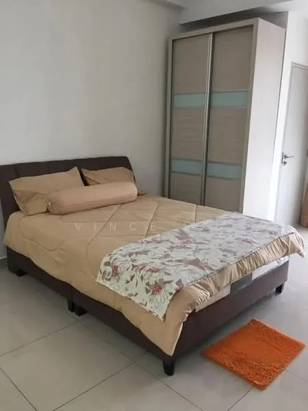 Bedroom features: king-size bed with brown upholstered headboard, beige bedding with decorative throw, white floral patterned throw blanket, two beige pillows, sliding wardrobe with glass panels, cream painted walls, white tiled flooring, orange bath mat; style: modern.