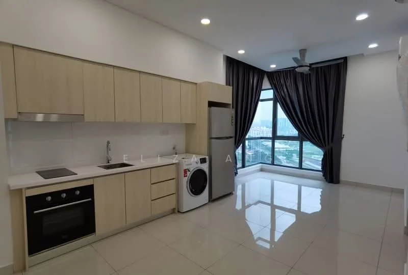 Kitchen features: light wood cabinetry, white countertop, built-in oven, stainless-steel fridge, single-bowl stainless-steel sink, chrome pull-down faucet, ceramic tile flooring, recessed downlights, washing machine, floor-to-ceiling windows, blackout curtains, ceiling fan; style: modern; view: city.