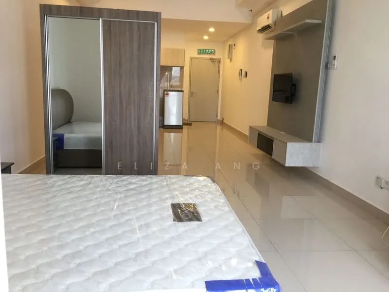 Living features: white painted walls, glossy tile flooring, wall-mounted TV, TV console, air conditioning unit, recessed downlights, sliding mirror wardrobe, kitchenette with fridge, door to hallway; style: modern.