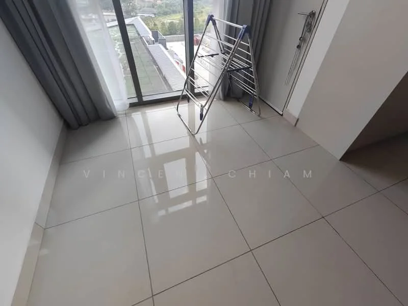 Room features: large format porcelain tile flooring, floor-to-ceiling windows, grey curtains, clothes drying rack, neutral wall colour, natural light from window; style: modern; view: city.