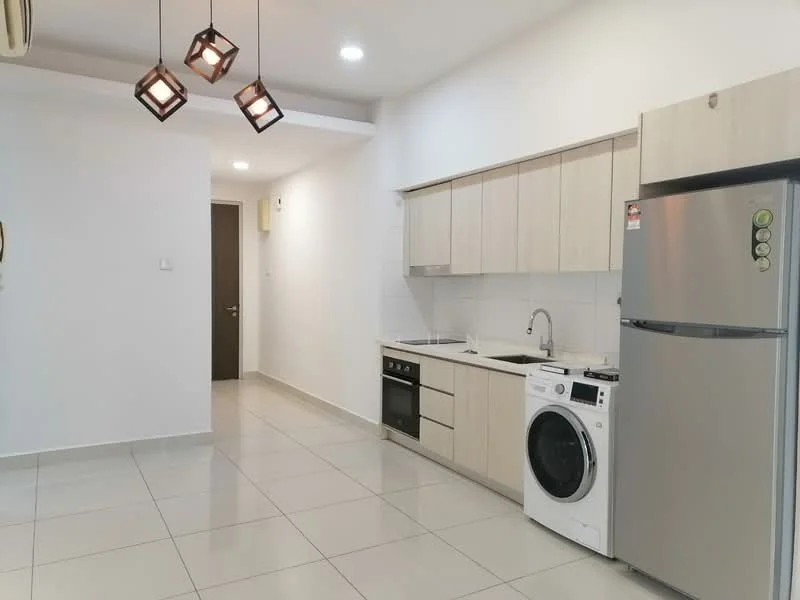 Kitchen features: light wood cabinetry, white tiled backsplash, stainless-steel sink, chrome pull-down faucet, built-in oven, freestanding range oven, stainless-steel fridge, front-load washing machine, recessed LED downlights, 3-blade ceiling fan, grey ceramic tile flooring; style: modern.
