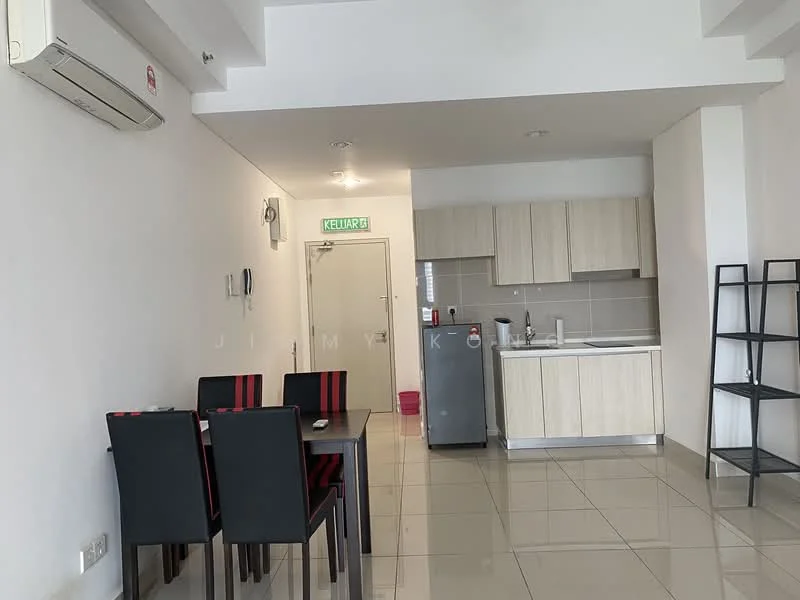 Kitchen features: white painted walls, glossy tile flooring, kitchen cabinets with light wood finish, stainless-steel sink, built-in stove, microwave, refrigerator, wall-mounted split AC, dining table with black chairs, open layout, countertop, light fixtures; style: modern.