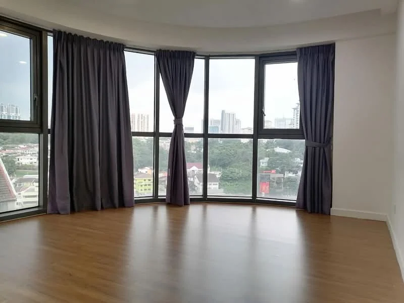 Room features: curved floor-to-ceiling windows, grey curtains, wooden flooring, white painted walls, city view; style: modern; view: city.