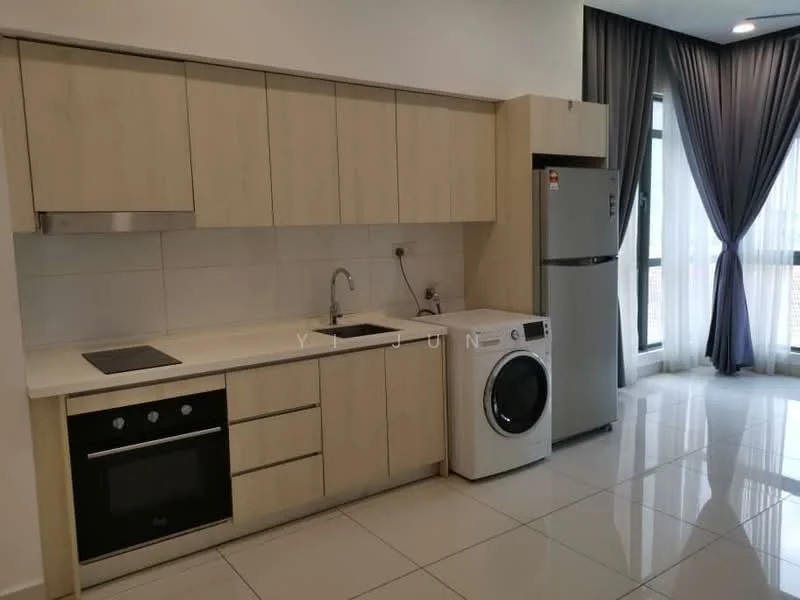 Kitchen features: light wood cabinetry, white countertop, built-in electric stove, built-in oven, stainless-steel fridge, front-load washing machine, white tiled backsplash, ceramic tile flooring, floor-to-ceiling windows with sheer curtains, recessed downlights; style: modern.