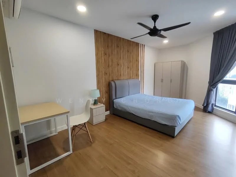 Bedroom features: queen-size bed with grey upholstered headboard, wooden flooring, white painted walls, wood accent wall, floor-to-ceiling windows, curtains, 1 wall-mounted split AC, study desk with chair, nightstand, built-in wardrobe, recessed downlights, ceiling fan; style: modern; view: city.