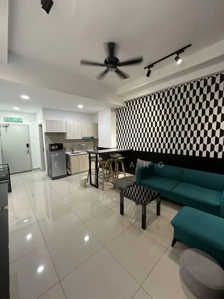 Living features: 3-seater fabric sofa in teal, black coffee table, grey ottoman, ceiling fan with light, recessed LED downlights, black and white geometric accent wall, tile flooring, open-plan layout with kitchen, kitchen island with bar stools, built-in cabinetry, stainless-steel fridge, microwave, kitchen countertop; style: modern. Kitchen features: built-in cabinets, stainless-steel fridge, microwave, kitchen countertop, bar stools, tile flooring; style: modern.