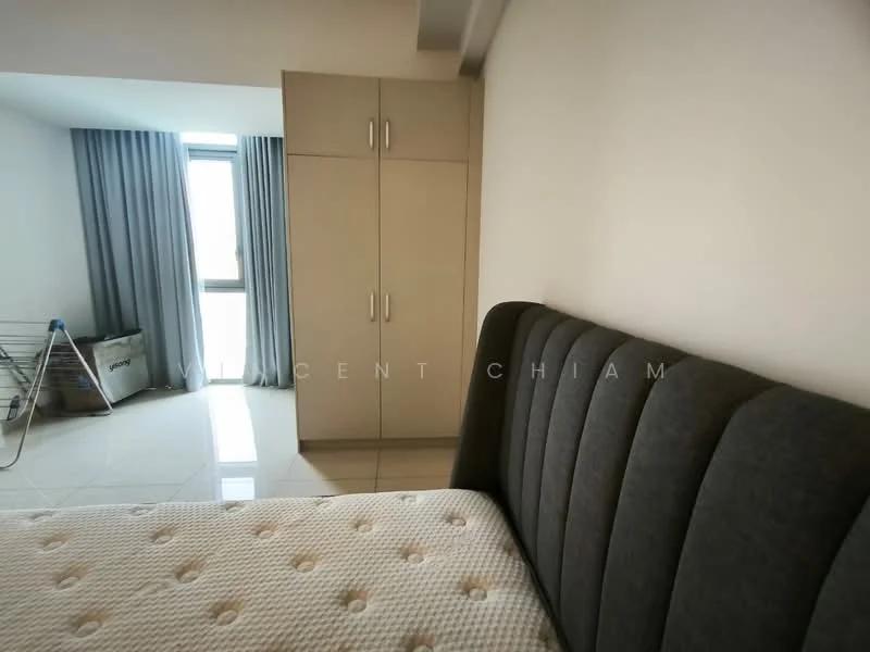 Bedroom features: grey upholstered headboard, queen-size bed, built-in wardrobe with sliding doors, floor-to-ceiling window, curtains, white painted walls, tile flooring, clothes drying rack; style: modern.