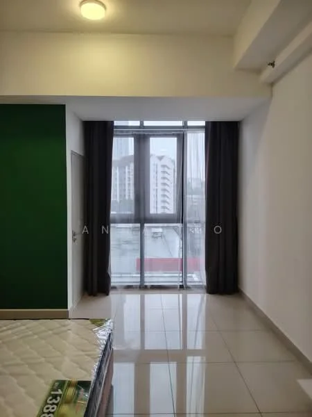 Bedroom features: green accent wall, white painted walls, floor-to-ceiling windows, grey curtains, glossy tile flooring, queen-size bed, unmade bed with mattress, natural light from window; style: modern; view: city.