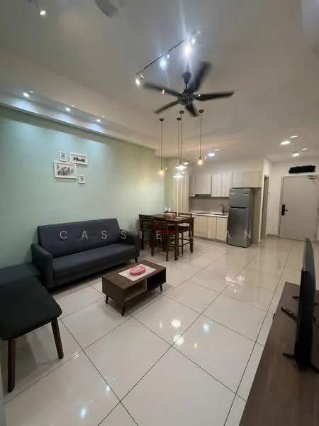 Living features: 3-seater fabric sofa in grey, coffee table, wall-mounted TV, ceiling fan, recessed LED downlights, white painted walls, tile flooring, dining table with 4 chairs, stainless-steel fridge, kitchen cabinetry, pendant lighting over dining area; style: modern.