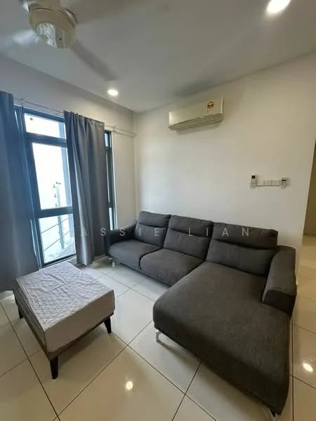 Living features: grey L-shape sectional sofa, coffee table, floor-to-ceiling windows, sheer curtains, wall-mounted split AC, white painted walls, polished tile flooring, recessed downlights, ceiling fan; style: modern.
