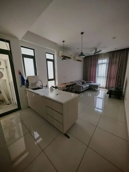 Kitchen features: white cabinetry, marble countertop, stainless-steel sink, chrome pull-down faucet, built-in oven, freestanding range oven, refrigerator, pendant lighting; style: modern. Living features: 3-seater fabric sofa in grey, coffee table, TV console, wall-mounted TV, floor-to-ceiling windows, curtains, ceiling fan with light, tile flooring; style: modern.