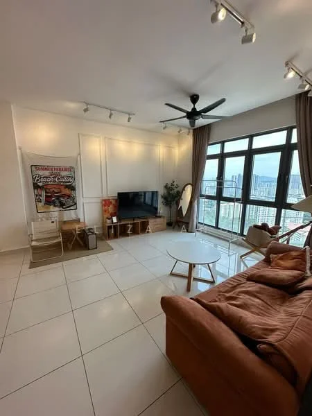 Living features: 3-seater fabric sofa in brown, coffee table with round glass top, TV console, wall-mounted TV, floor-to-ceiling windows, curtains, ceiling fan with light, decorative mirror, area rug, framed artwork, accent chair, tile flooring, white painted walls, recessed downlights; style: modern; view: city.