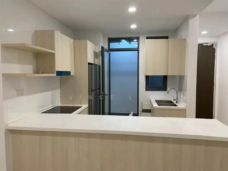 Kitchen features: light wood cabinetry, white countertop, built-in oven, stainless-steel fridge, single-bowl stainless-steel sink, chrome pull-down faucet, ceramic tile flooring, open shelving, induction cooktop, window with view to outside, recessed downlights; style: modern.
