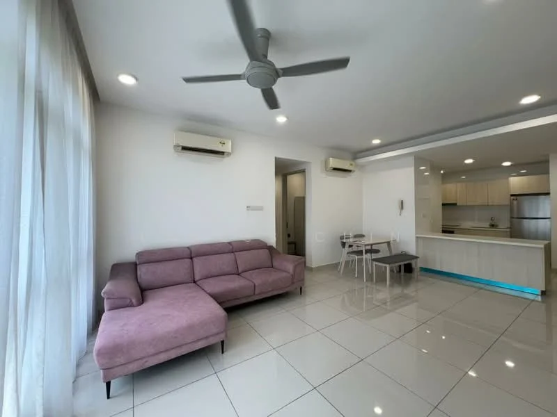 Living features: 3-seater fabric sofa in pink, white painted walls, glossy white tile flooring, 5-blade ceiling fan with light, 2 wall-mounted split AC units, large windows with sheer curtains, dining table with 4 chairs, open layout to kitchen, recessed downlights; style: modern.