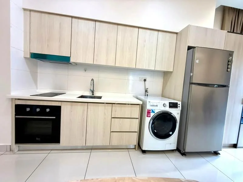 Kitchen features: light wood cabinetry, white countertop, single-bowl stainless-steel sink, chrome pull-down faucet, built-in oven, 4-burner electric hob, stainless-steel fridge, front-load washing machine, ceramic tile flooring, white tiled backsplash, wall-mounted extractor hood, recessed downlights; style: modern.
