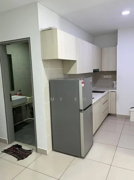 Kitchen features: light wood cabinetry, white countertop, stainless-steel fridge, built-in oven, ceramic tile flooring, grey backsplash, single-bowl stainless-steel sink, chrome pull-down faucet, wall-mounted cabinets, open shelving, recessed downlights; style: modern.