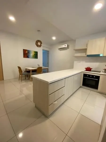 Kitchen features: white cabinetry, marble countertop, stainless-steel sink, chrome pull-down faucet, built-in oven, 4-burner gas hob, white tiled backsplash, recessed downlights, floor-to-ceiling windows, ceramic tile flooring, 1 wall-mounted split AC; style: modern. Dining features: 4-seater dining table, wooden dining chairs, decorative wall art; style: modern.