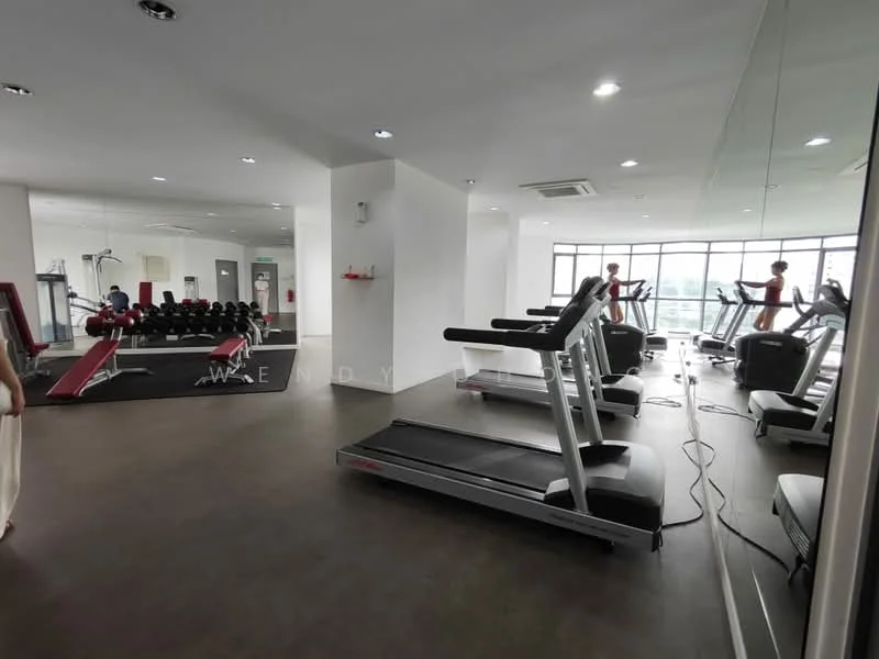 Room features: treadmills, exercise bikes, weight lifting bench, free weights, mirrored wall, large windows, recessed LED downlights, vinyl flooring, air conditioning unit, open layout; style: modern; view: city.