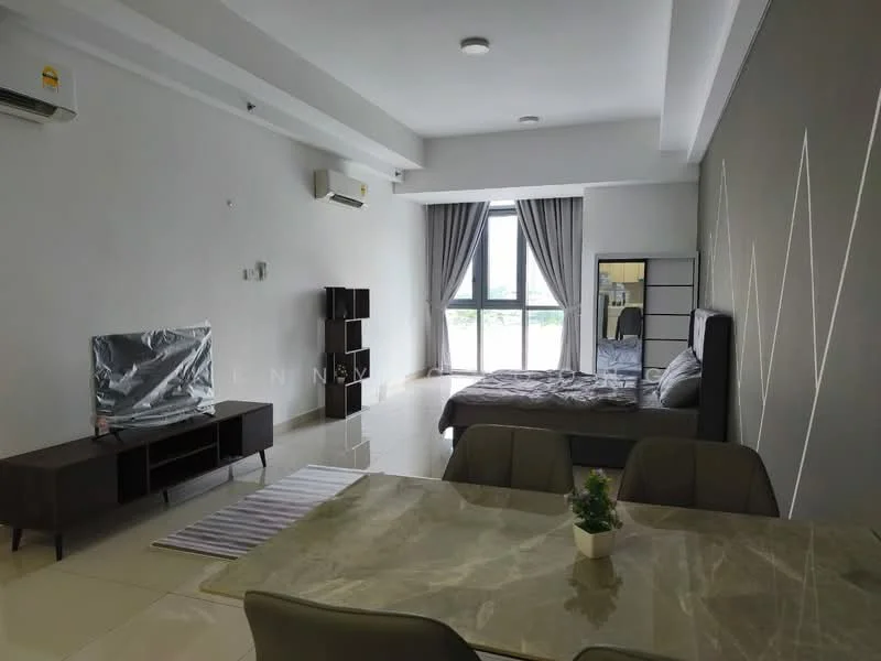 Living features: floor-to-ceiling windows, grey accent wall, white painted walls, polished tile flooring, 3-seater fabric sofa in grey, TV console, wall-mounted TV, coffee table, dining table with marble top, 4 dining chairs, air conditioning unit, sheer curtains, decorative plant on table; style: modern; view: city. Bedroom features: queen-size bed, upholstered headboard, bedding in grey, bedside table, mirror, built-in wardrobe, sliding mirror wardrobe; style: modern; view: city.