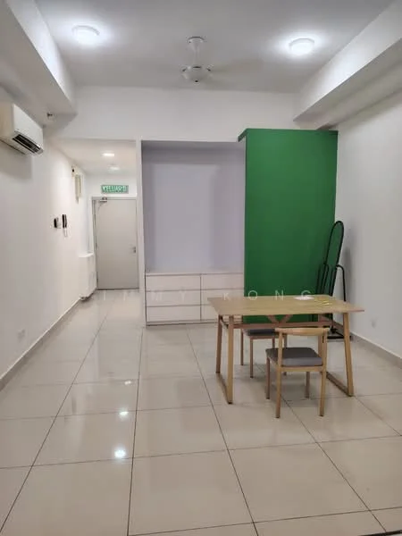 Room features: white painted walls, green accent wall, tile flooring, ceiling with recessed lighting, 1 wall-mounted split AC, wooden table, 2 wooden chairs, built-in cabinetry, mirror, doorway leading to another room; style: modern.