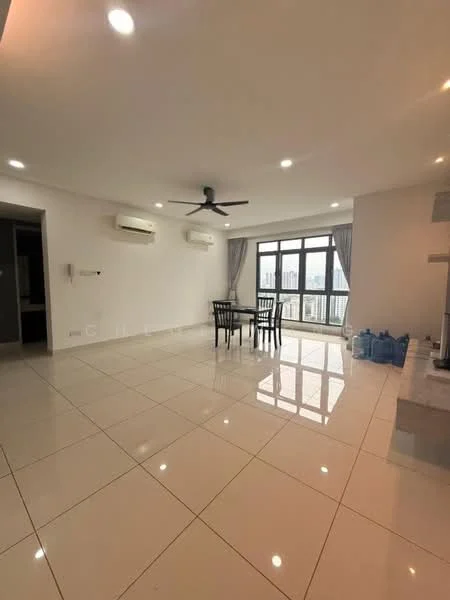 Living features: white painted walls, glossy ceramic tile flooring, 5-blade ceiling fan with light, floor-to-ceiling windows, grey curtains, dining table with four chairs, two wall-mounted split AC units, marble feature wall, open layout, natural light from windows; style: modern; view: city.