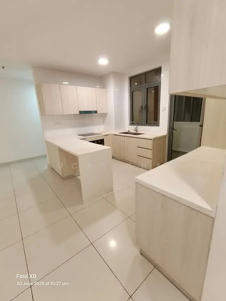 Kitchen features: white cabinetry with wood finish, island countertop with overhang, stainless-steel sink, chrome pull-down faucet, built-in oven, 4-burner gas hob, white quartz countertop, ceramic tile flooring, recessed downlights, large window for natural light, open shelving, drawer storage, wall-mounted cabinets; style: modern.