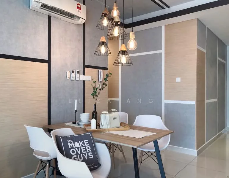 Dining features: wooden dining table, 4 white plastic dining chairs, pendant lighting with exposed bulbs, air conditioning unit on wall, decorative wall with grey and beige panels, decorative wall with black stripes, table setting with plates and a bottle, decorative plant in vase, cushion with text design; style: modern.