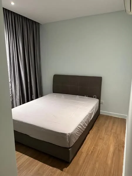 Bedroom features: queen-size bed, grey upholstered headboard, plain white bed linen, wooden flooring, light grey painted walls, floor-to-ceiling curtains in dark grey, air conditioning unit on wall, nightstand with no visible features; style: modern.