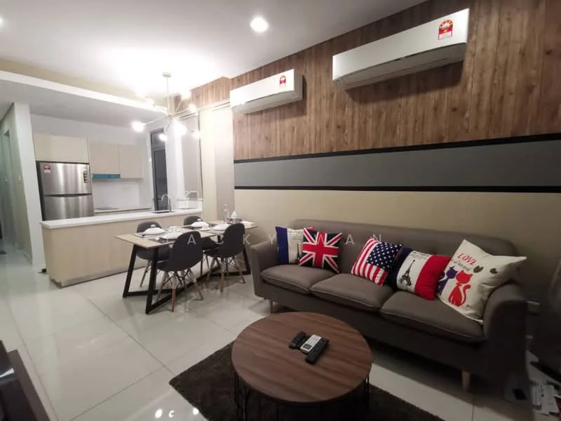 Living features: 3-seater fabric sofa in grey, coffee table, area rug, wall-mounted TV, 2 wall-mounted split AC units, pendant lighting, wood panel accent wall, white painted walls, recessed downlights, decorative cushions with patterns, dining area visible in background; style: modern. Dining features: 6-seater dining table, black dining chairs, kitchen counter visible in background, white cabinetry; style: modern.