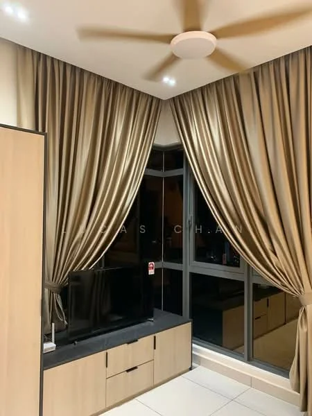 Living features: floor-to-ceiling windows, golden-brown curtains, light-colored cabinetry, black TV console, flat-screen TV, recessed ceiling lights, ceiling fan, white tiled flooring; style: modern; view: city.
