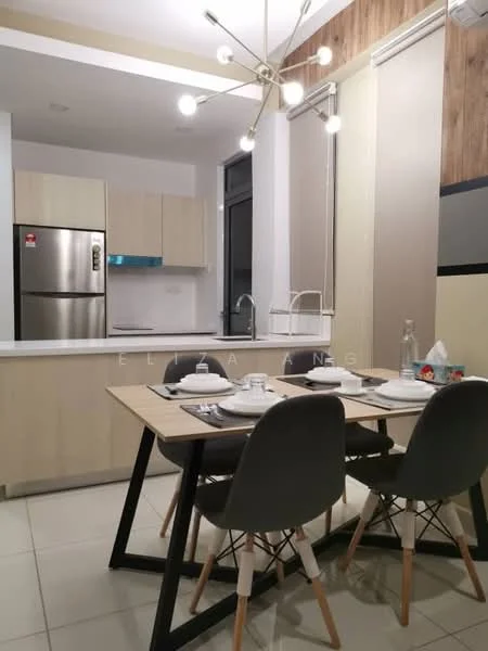 Kitchen features: stainless-steel fridge, built-in cabinetry in light wood, white countertop, double-bowl stainless-steel sink, chrome pull-down faucet, pendant light fixture with multiple bulbs, dining table with black metal legs, 4 dining chairs with grey upholstery, ceramic tile flooring, window with natural light; style: modern.